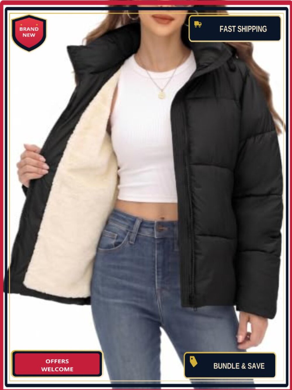 Women's Cropped Winter Puffer Jacket Water-Resistant Windproof Zip